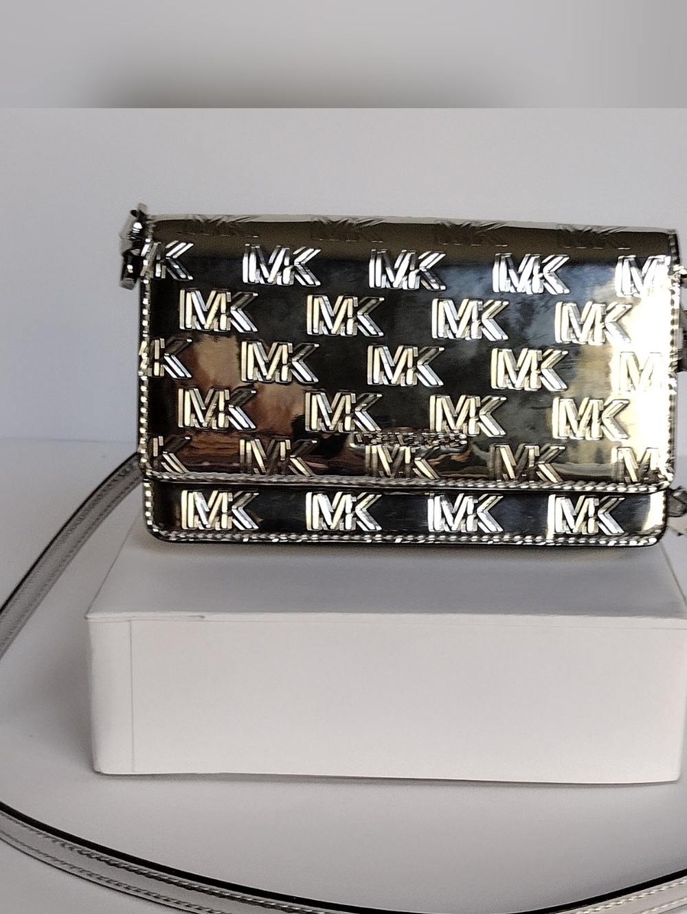Michael Kors Metallic Silver MK Logo Crossbody
